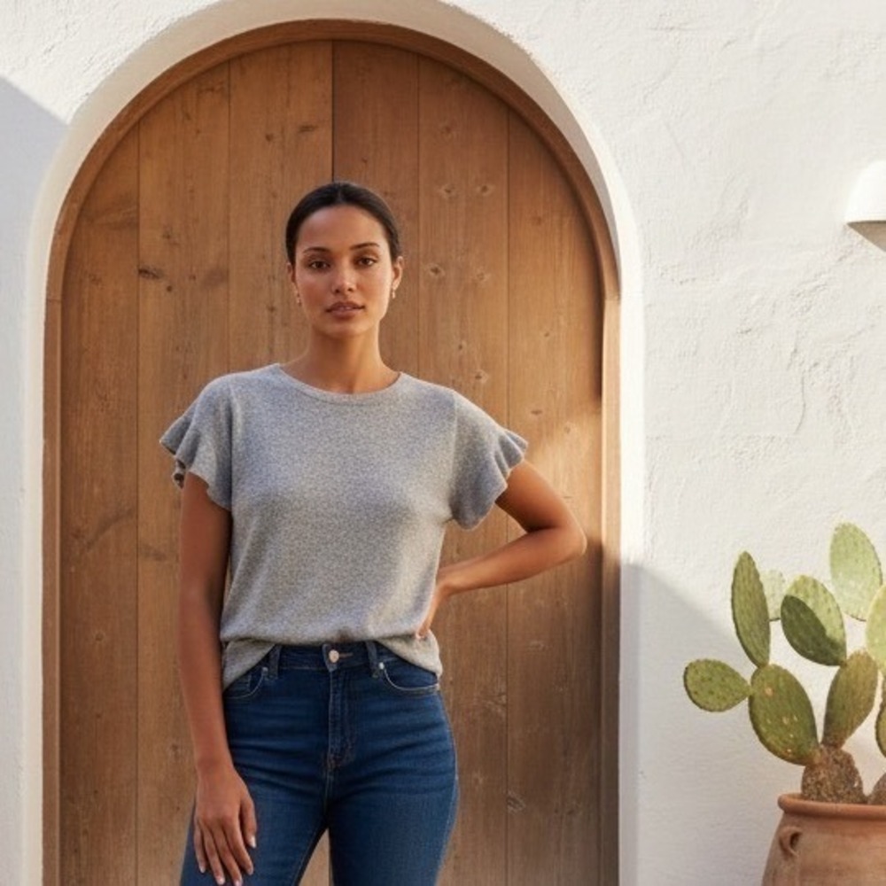White + Warren 100% Linen Ruffle Sleeve Knit Sweater Top Heather Grey Large